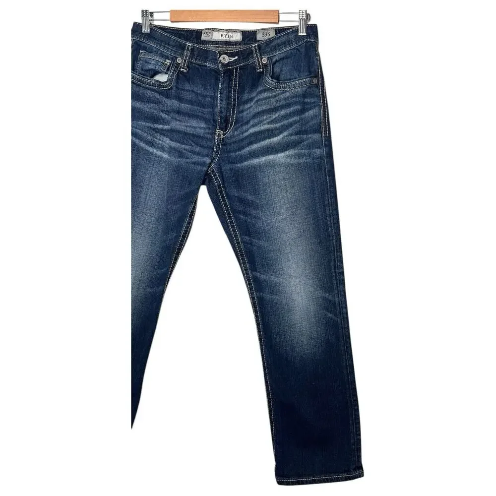 BKE Buckle Jeans Mens 33 Short Ryan Straight Embroidered Wiskering AVM3007 Blue